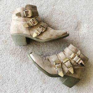 Cathy Jean Tan Suede Buckle Ankle Booties - Size 7